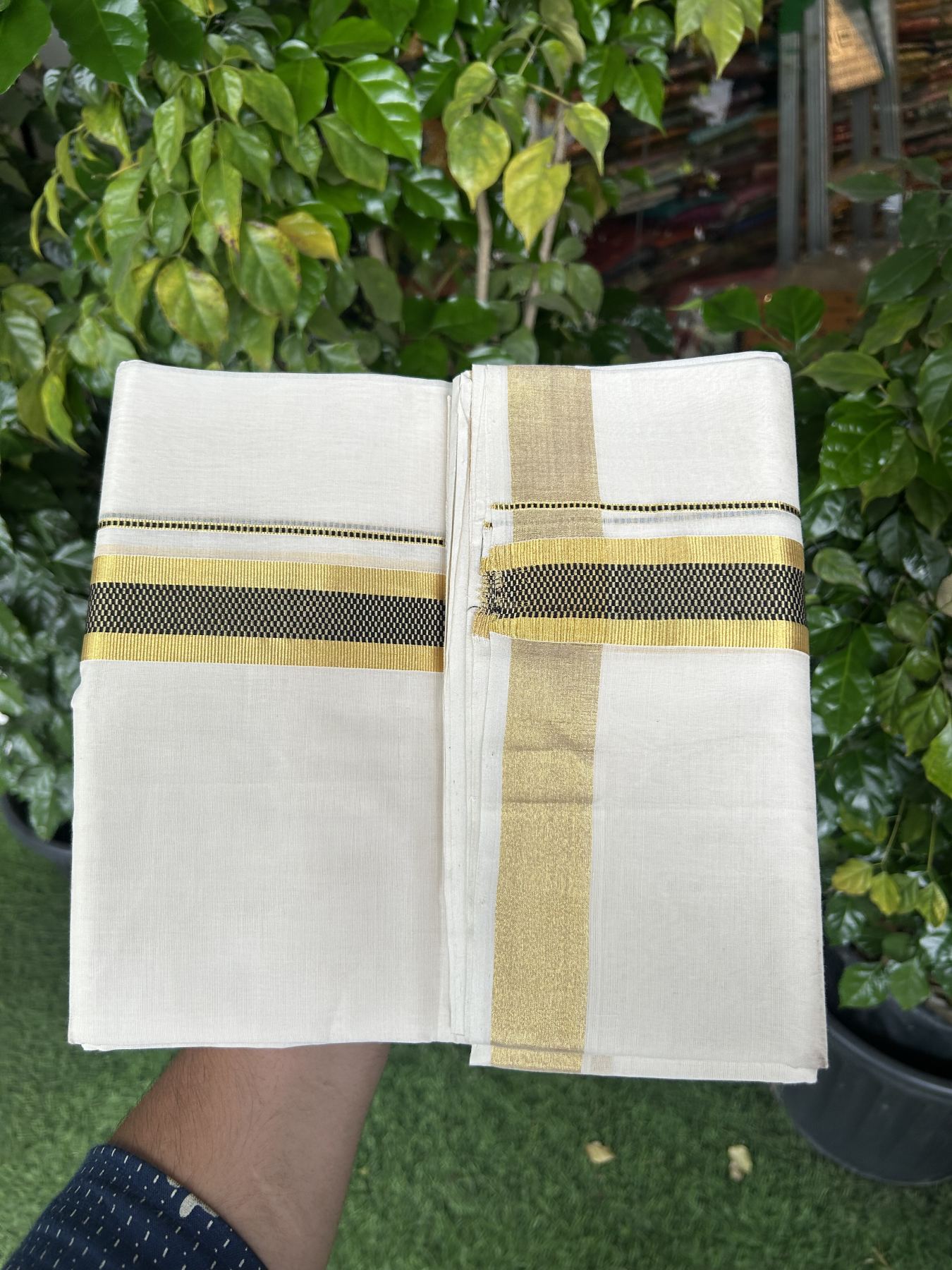 25% Discount ! KaithariKada Handloom Unakkupaav  Kerala Handloom - Pure Cotton Off White - (Unbleached) Double Mundu/Dhoti - (100X80) - 1.5 inch Gold Kasav & Black Jacquard Design Kara - 4 mtr (8.5 Muzham)- 18 KK5342 ABH