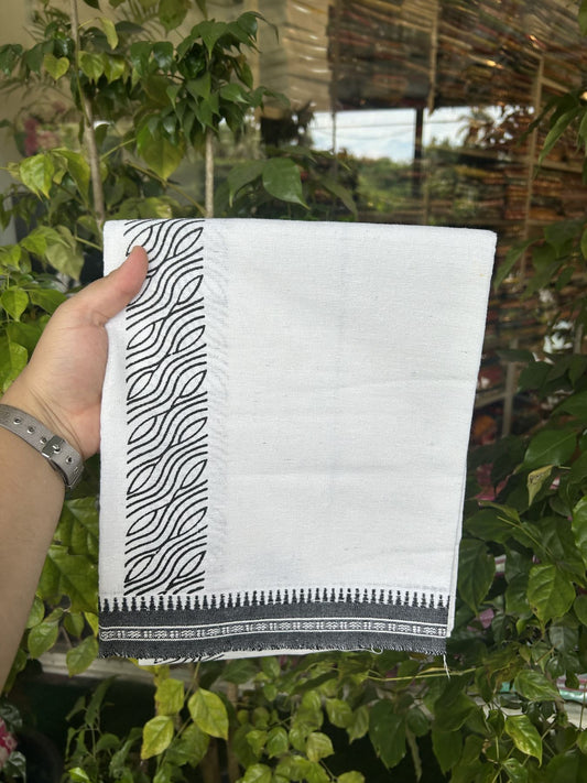 Kaitharikada - Polyster + Cotton - 40s twisted - Pure white Single Kaily / Lungi - 2 inch Black Printed Kuppadam Border with White colour body (2 meter / 4 muzham) -  1 KK8041 GAN