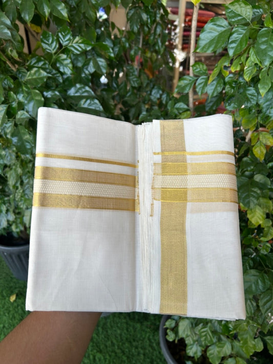 25% Discount!! KaithariKada Handloom Unakkupaav Balaramapuram - 100% Pure Cotton Off White Double - (Unbleached) Mundu/Dothi -80x90 - 2 Inch Gold Kasav Stripes kara 4mtr (8.5 muzham) - 11 KK5267 ABH