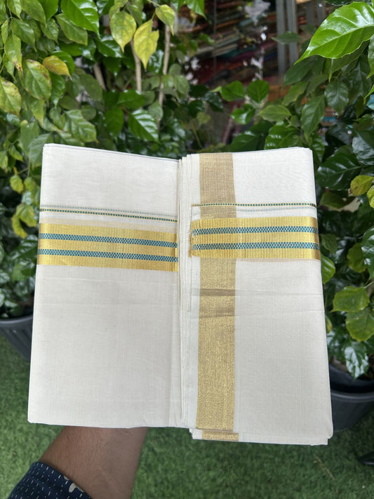 25% Discount ! KaithariKada Handloom Unakkupaav  Kerala Handloom - Pure Cotton Off White - (Unbleached) Double Mundu/Dhoti - (100X80) - 1.5 inch Gold Kasav & Peacock Blue Jacquard Design Kara - 4 mtr (8.5 Muzham)- 15 KK5342 ABH