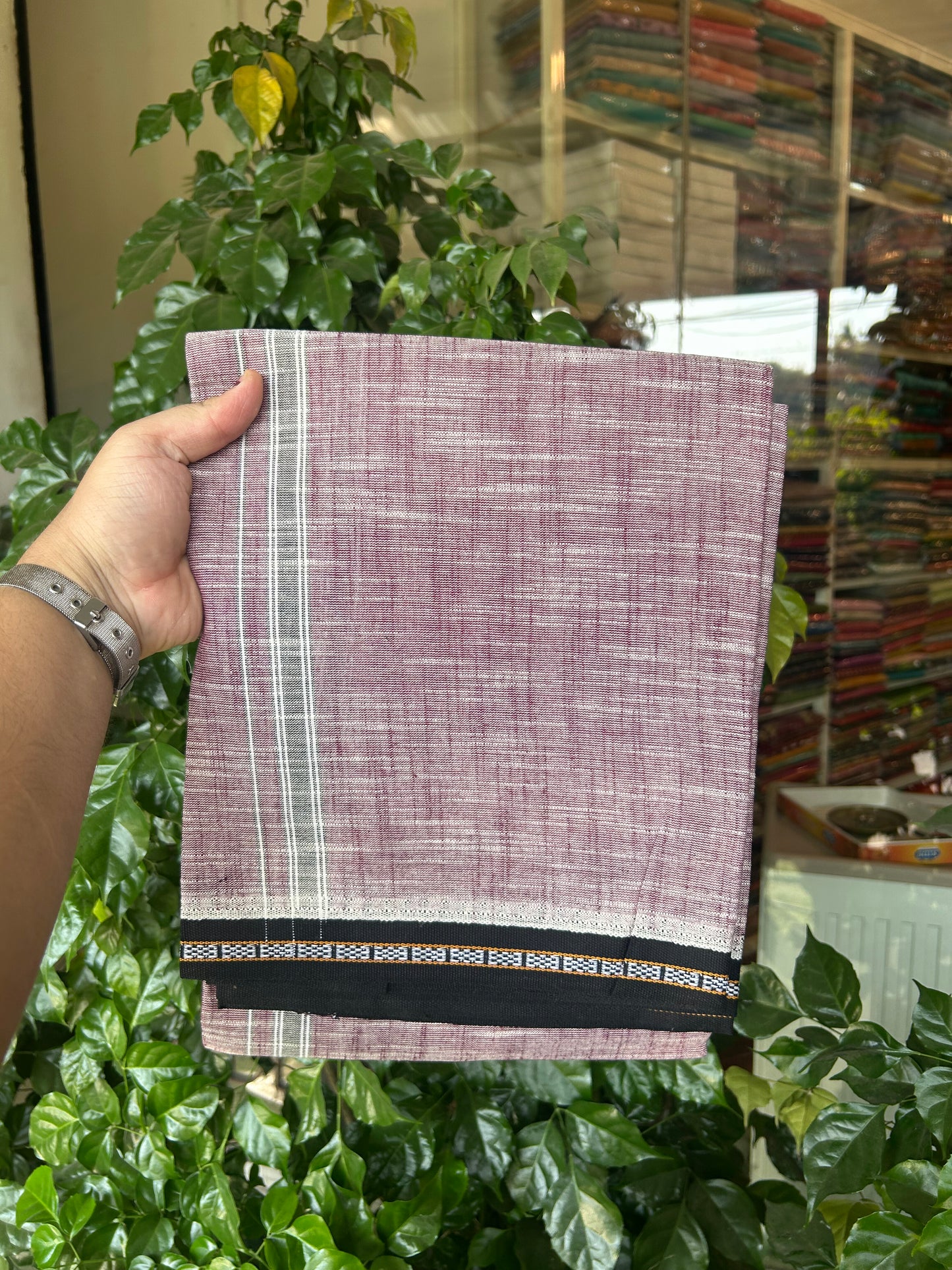 Premium Kathar Type Mund Pure cotton - Kaitharikada - Single Kaily / Lungi - 0.75 inch Black Kara and Black kuppadam Border with Purple Wine White Shaded colour body  (2 meter / 4 muzham)- 53 KK8050 MUT