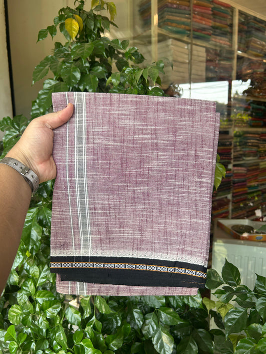 Premium Kathar Type Mund Pure cotton - Kaitharikada - Single Kaily / Lungi - 0.75 inch Black Kara and Black kuppadam Border with Purple Wine White Shaded colour body  (2 meter / 4 muzham)- 53 KK8050 MUT