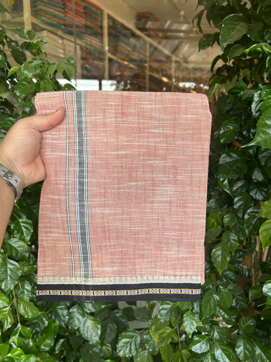 Premium Kathar Type Mund Pure cotton - Kaitharikada - Single Kaily / Lungi - 0.75 inch Black Kara and Black kuppadam Border with Peach White Shaded colour body  (2 meter / 4 muzham)-49 KK8050 MUT