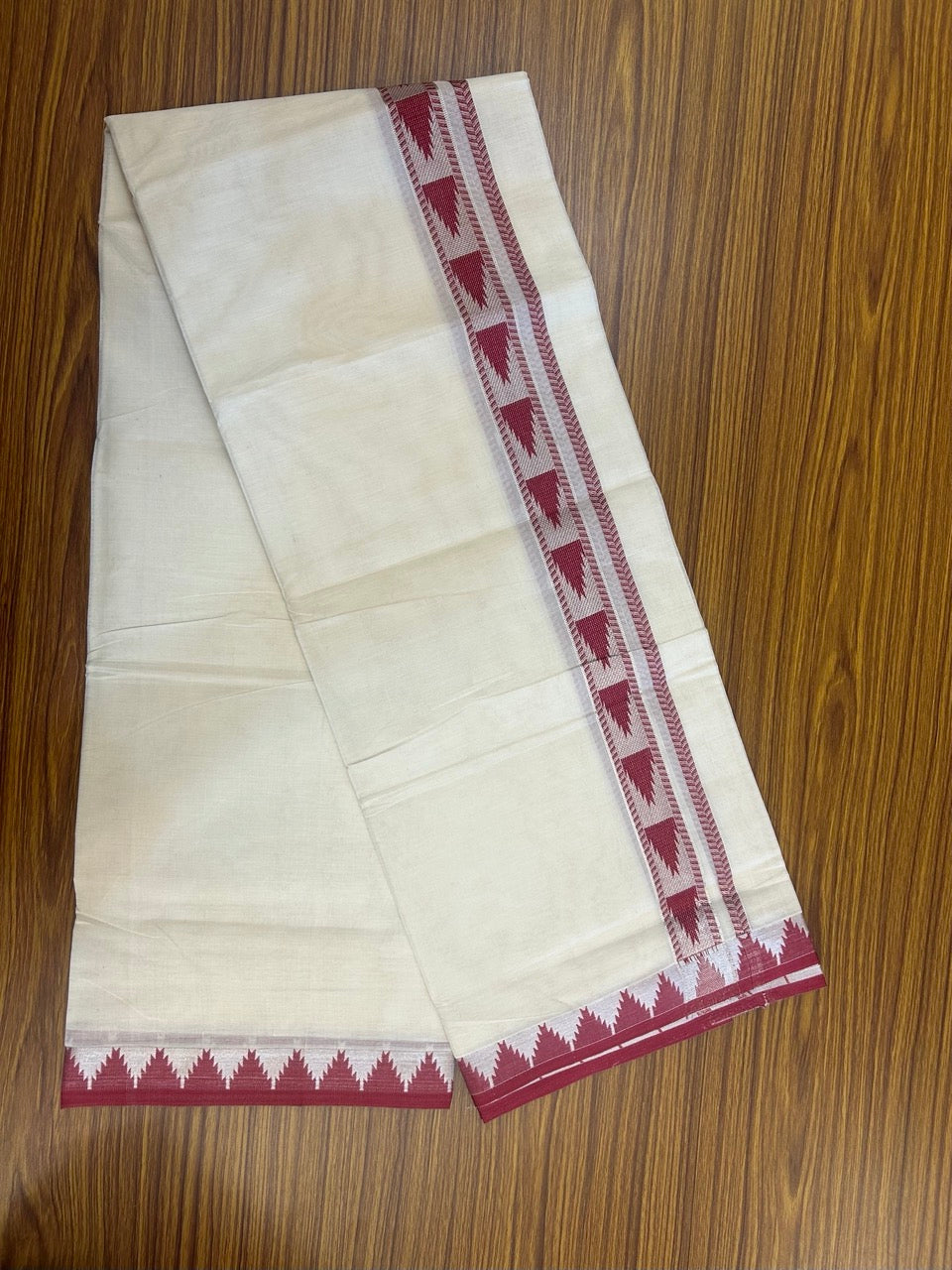20% DISCOUNT ! KaithariKada Balaramapuram 100% Cotton Double off white  (Unbleached) Mundu/Dhoti - 100X80 - 1.25 inch Silver kasavu & Magenta Red Temple design kara - 1 KK5265 PMC