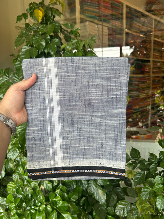 Premium Kathar Type Mund Pure cotton - Kaitharikada - Single Kaily / Lungi - 2 inch White Kara and Black kuppadam Border with Navy Blue White Shaded colour body  (2 meter / 4 muzham)- 52 KK8050 MUT