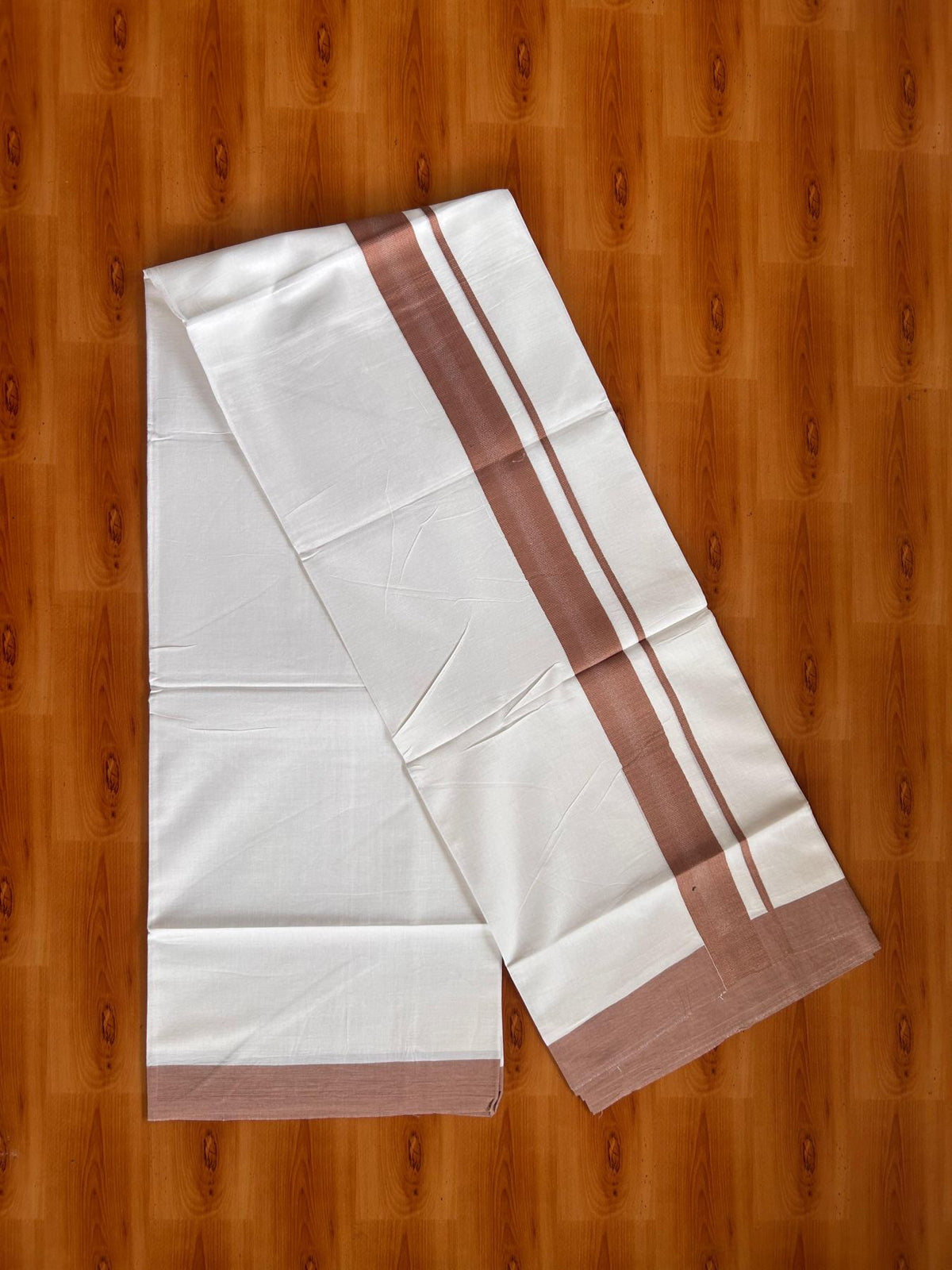 Pure White Double Mundu/Dhoti - 20% Discount ! Kaitharikada Pure Cotton - 100x80 - 1.5 inch Peach Brown striped Kara 3.80 mtr (8 muzham) - 67 KK5523 MC