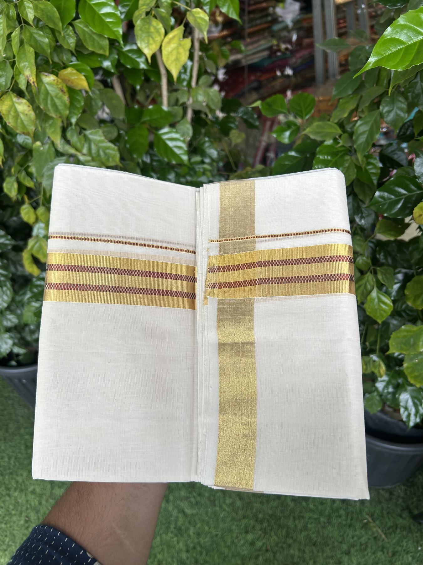 25% Discount ! KaithariKada Handloom Unakkupaav  Kerala Handloom - Pure Cotton Off White - (Unbleached) Double Mundu/Dhoti - (100X80) - 1.5 inch Gold Kasav & Maroon Jacquard Design Kara - 4 mtr (8.5 Muzham)- 14 KK5342 ABH