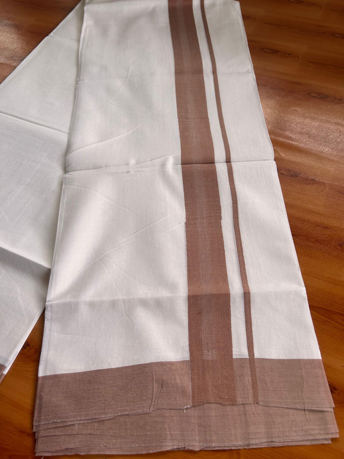 Pure White Double Mundu/Dhoti - 20% Discount ! Kaitharikada Pure Cotton - 100x80 - 1.5 inch Peach Brown striped Kara 3.80 mtr (8 muzham) - 67 KK5523 MC