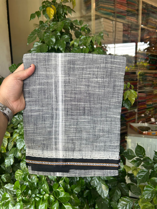 Premium Kathar Type Mund Pure cotton - Kaitharikada - Single Kaily / Lungi - 0.5 inch White Kara and Black kuppadam Border with Ash Black White Shaded colour body  (2 meter / 4 muzham)- 51 KK8050 MUT