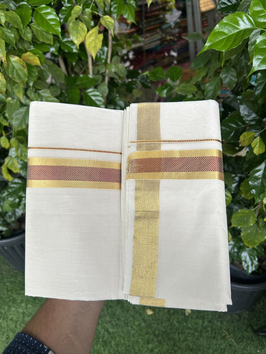 25% Discount ! KaithariKada Handloom Unakkupaav  Kerala Handloom - Pure Cotton Off White - (Unbleached) Double Mundu/Dhoti - (100X80) - 1.5 inch Gold Kasav & Maroon Jacquard Design Kara - 4 mtr (8.5 Muzham)- 17 KK5342 ABH