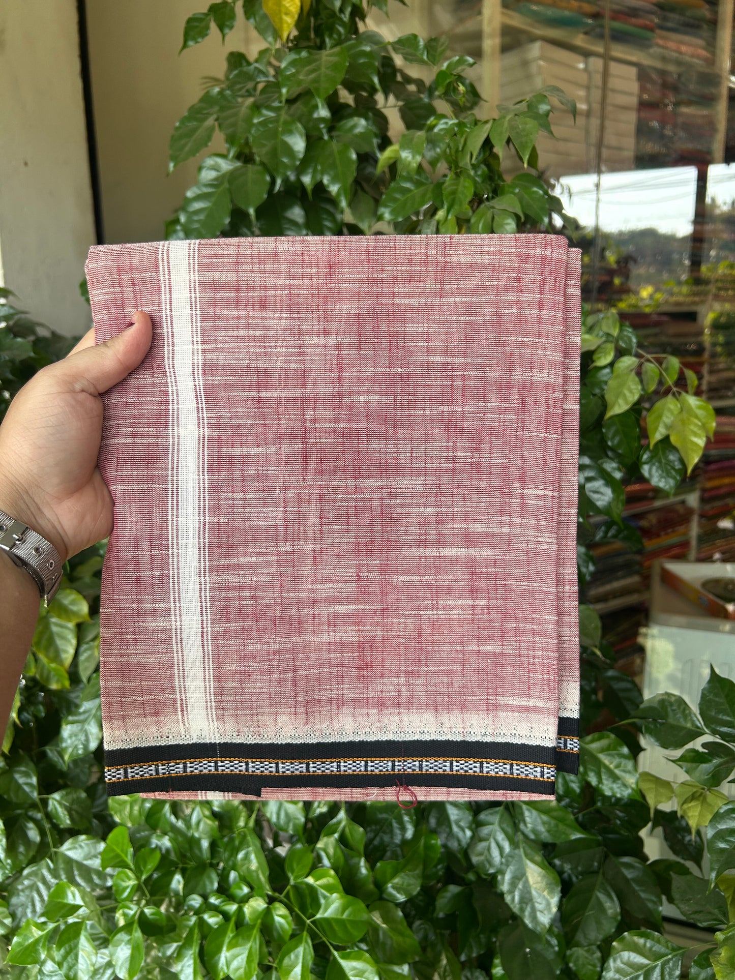 Premium Kathar Type Mund Pure cotton - Kaitharikada - Single Kaily / Lungi - 0.75 inch White Kara and Black kuppadam Border with Maroon White Shaded colour body  (2 meter / 4 muzham)- 54 KK8050 MUT