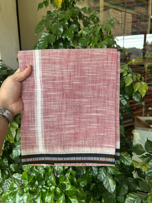Premium Kathar Type Mund Pure cotton - Kaitharikada - Single Kaily / Lungi - 0.75 inch White Kara and Black kuppadam Border with Maroon White Shaded colour body  (2 meter / 4 muzham)- 54 KK8050 MUT