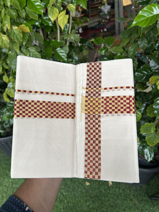 25% Discount ! KaithariKada Handloom Unakkupaav  Kerala Handloom - Pure Cotton Off White - (Unbleached) Double Mundu/Dhoti - (100X80) - 1.5 inch Gold Kasav & Dark Maroon Jacquard Design Kara - 4 mtr (8.5 Muzham)- 21 KK5342 ABH