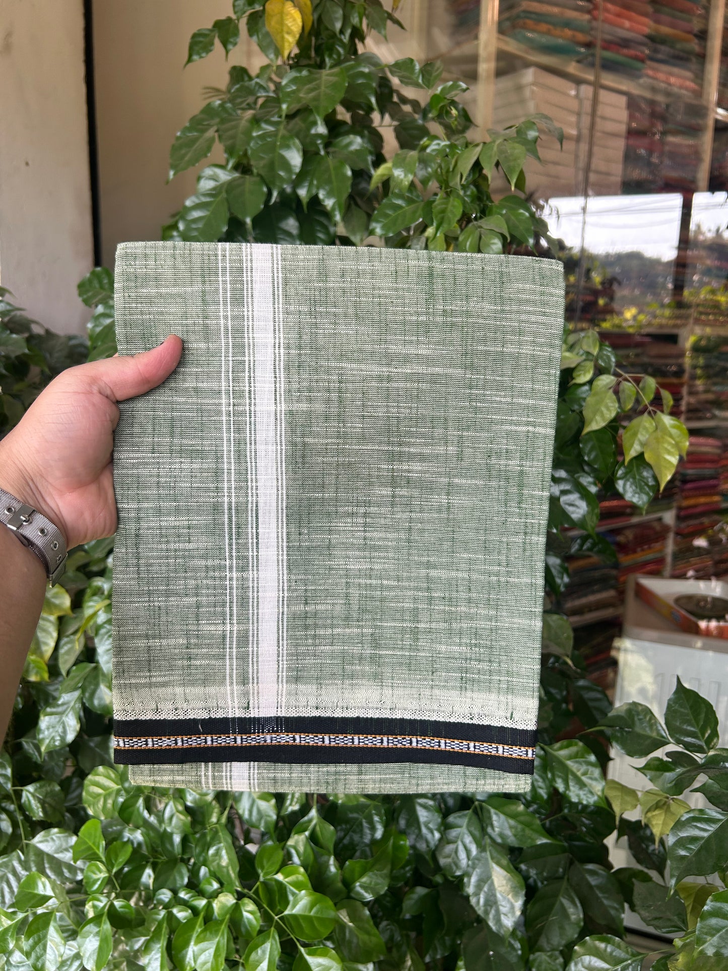 Premium Kathar Type Mund Pure cotton - Kaitharikada - Single Kaily / Lungi - 0.75 inch White Kara and Black kuppadam Border with Light green White Shaded colour body  (2 meter / 4 muzham)- 50 KK8050 MUT
