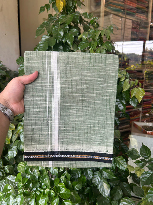 Premium Kathar Type Mund Pure cotton - Kaitharikada - Single Kaily / Lungi - 0.75 inch White Kara and Black kuppadam Border with Light green White Shaded colour body  (2 meter / 4 muzham)- 50 KK8050 MUT