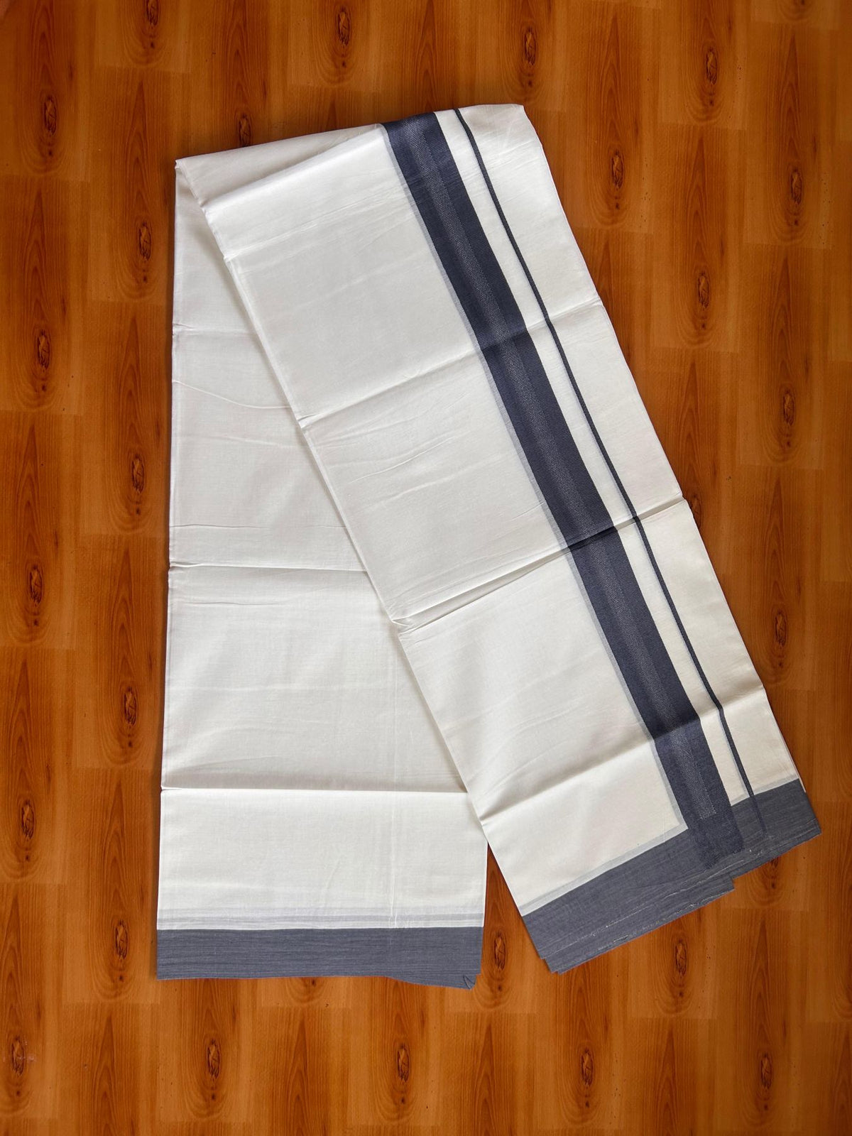Pure White Double Mundu/Dhoti - 20% Discount ! Kaitharikada Pure Cotton - 100x80 - 1.5 inch Dark Ash Blue striped Kara 3.80 mtr (8 muzham) - 68 KK5523 MC