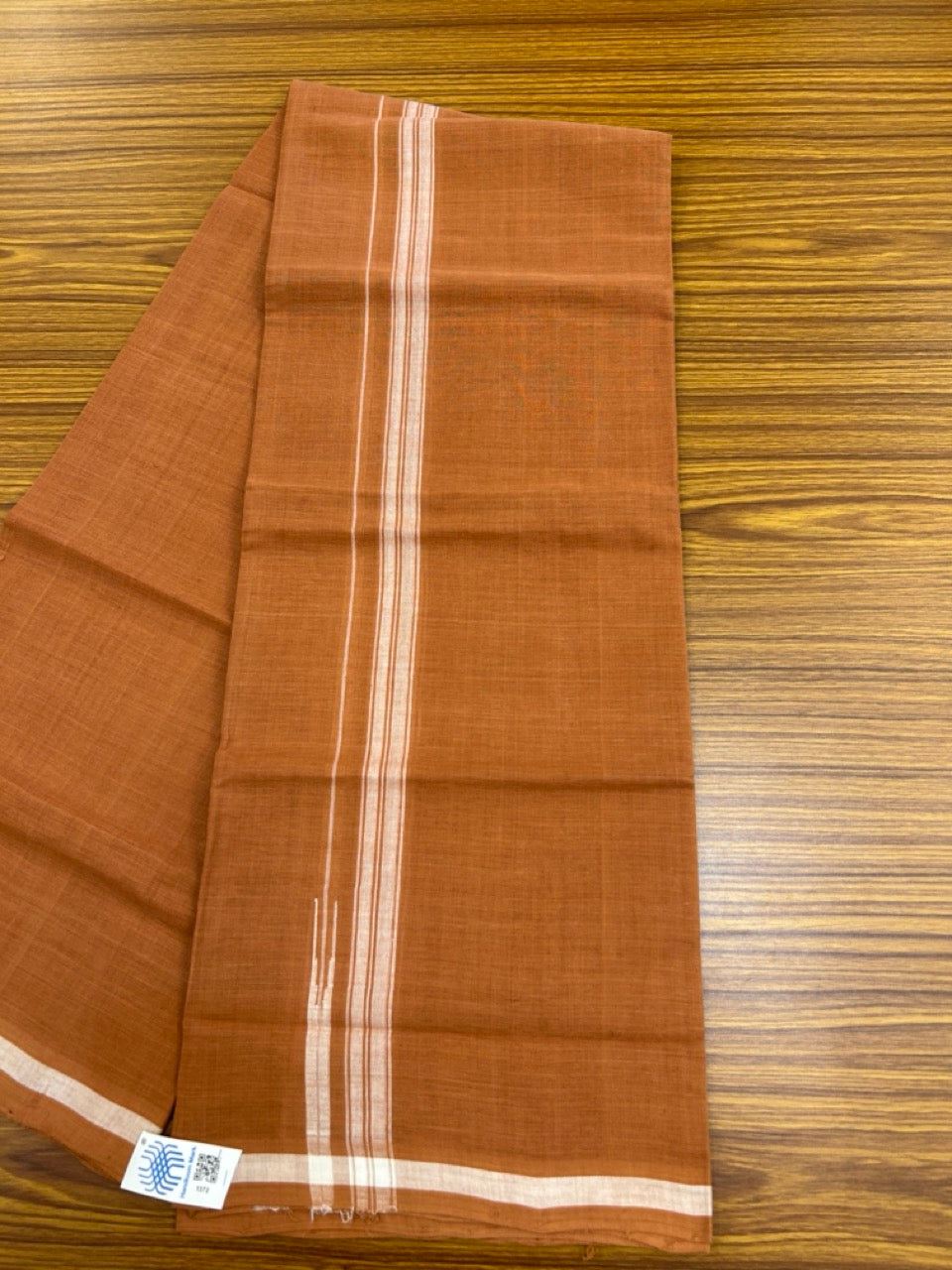 10% Discount !! KaithariKada 100% Pure Cotton - HANDLOOM Single Mundu/Dhoti  KAVI Brown COLOUR BODY & 0.75 inch Puliyilakkara White Striped Chutty Kara (2 meter / 4 muzham)- 4KK8020ELA