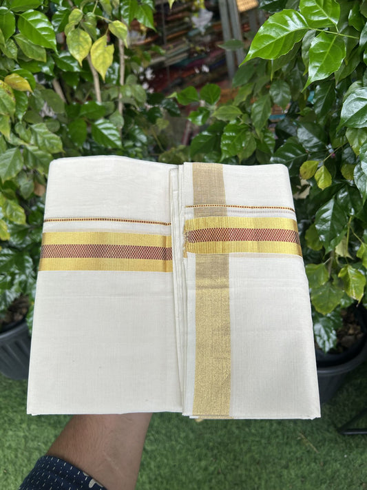 25% Discount ! KaithariKada Handloom Unakkupaav  Kerala Handloom - Pure Cotton Off White - (Unbleached) Double Mundu/Dhoti - (100X80) - 1.5 inch Gold Kasav & Maroon Jacquard Design Kara - 4 mtr (8.5 Muzham)- 19 KK5342 ABH