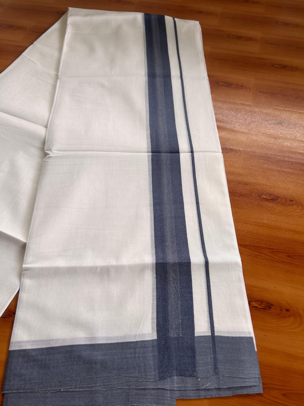 Pure White Double Mundu/Dhoti - 20% Discount ! Kaitharikada Pure Cotton - 100x80 - 1.5 inch Dark Ash Blue striped Kara 3.80 mtr (8 muzham) - 68 KK5523 MC