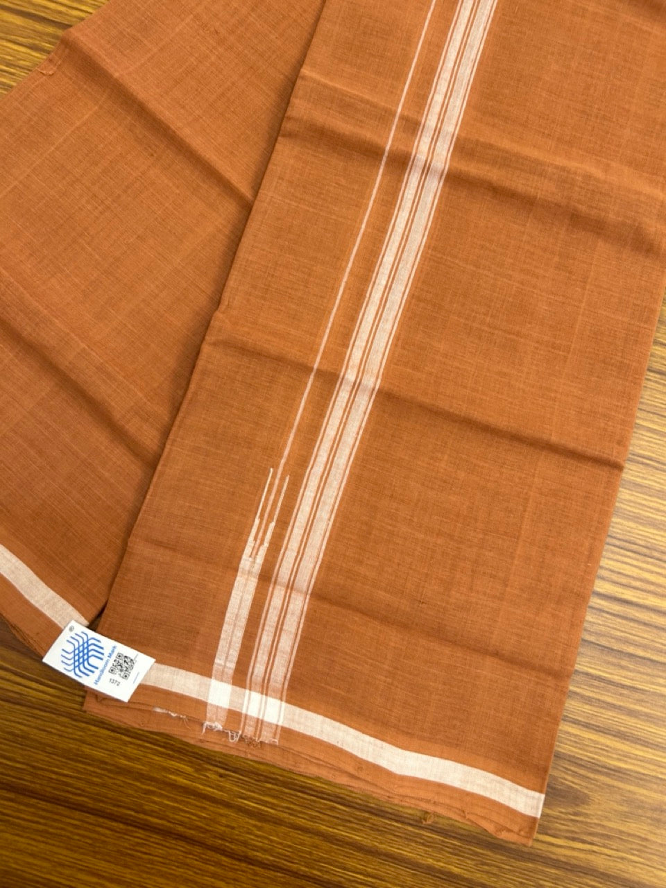 10% Discount !! KaithariKada 100% Pure Cotton - HANDLOOM Single Mundu/Dhoti  KAVI Brown COLOUR BODY & 0.75 inch Puliyilakkara White Striped Chutty Kara (2 meter / 4 muzham)- 4KK8020ELA