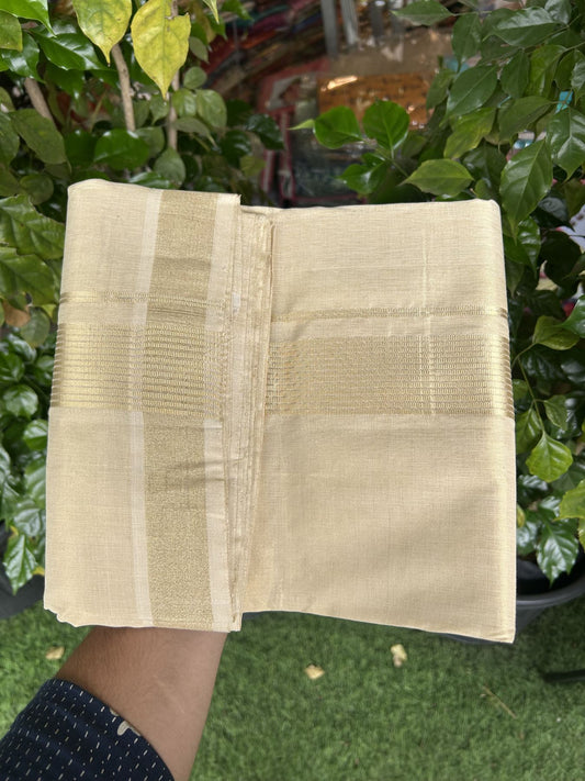 25% Discount ! KaithariKada Handloom Unakkupaav  Kerala Handloom - 100% Pure Cotton Off White (Unbleached) - Double Mundu/Dhoti - 2 inch Light Gold Kasavu Tissue Body - 4 mtr (8.5 Muzham) - 13 KK5342 ABH