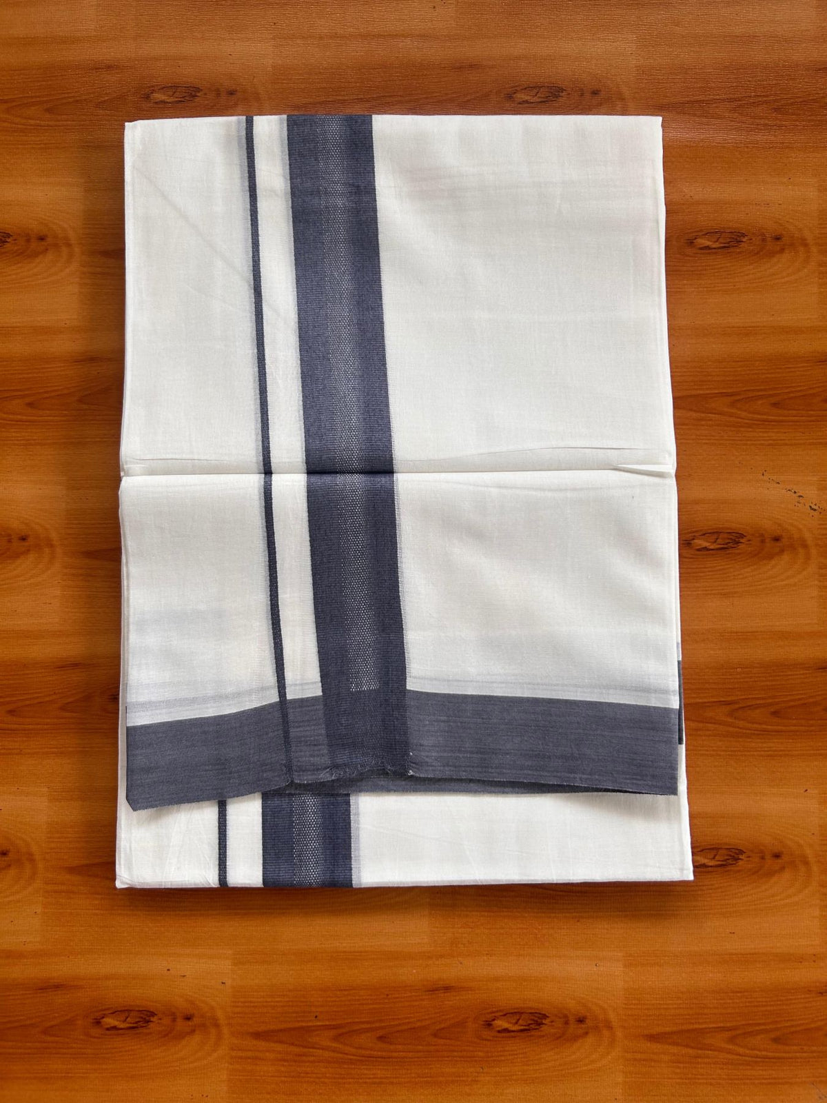 Pure White Double Mundu/Dhoti - 20% Discount ! Kaitharikada Pure Cotton - 100x80 - 1.5 inch Dark Ash Blue striped Kara 3.80 mtr (8 muzham) - 68 KK5523 MC