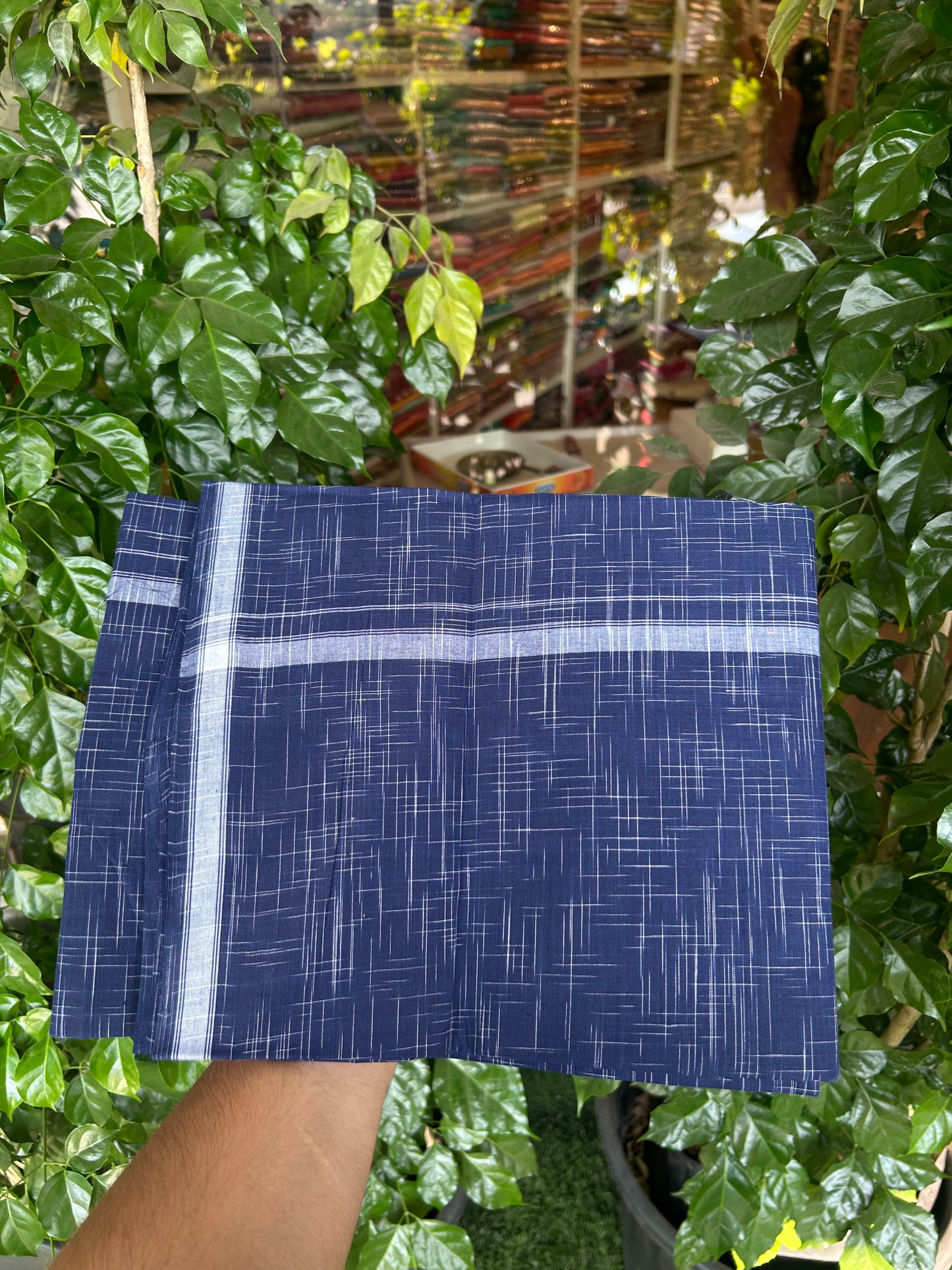 Premium Kathar Type Pure cotton - Kaitharikada - Single Kaily / Lungi - 0.75 inch White Stripes kara Plain Border with Navy Blue & White Stripes colour body (2 meter / 4 muzham) -  46 KK8050 MUT