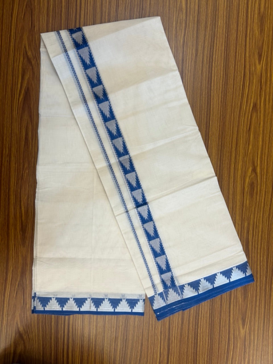 20% DISCOUNT ! KaithariKada Balaramapuram 100% Cotton Double off white (Unbleached) Mundu/Dhoti - 100X80 - 1.25 inch Silver kasavu & Blue Temple design kara - 4 KK5265 PMC
