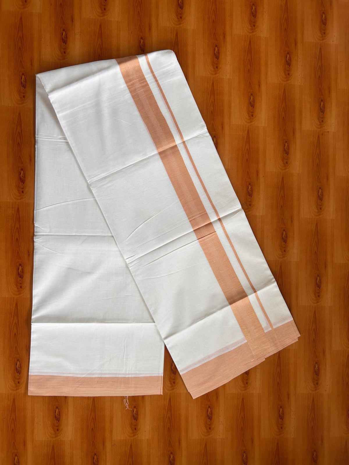 Pure White Double Mundu/Dhoti - 20% Discount ! Kaitharikada Pure Cotton - 100x80 - 1.5 inch Light Orange striped Kara 3.80 mtr (8 muzham) - 69 KK5523 MC