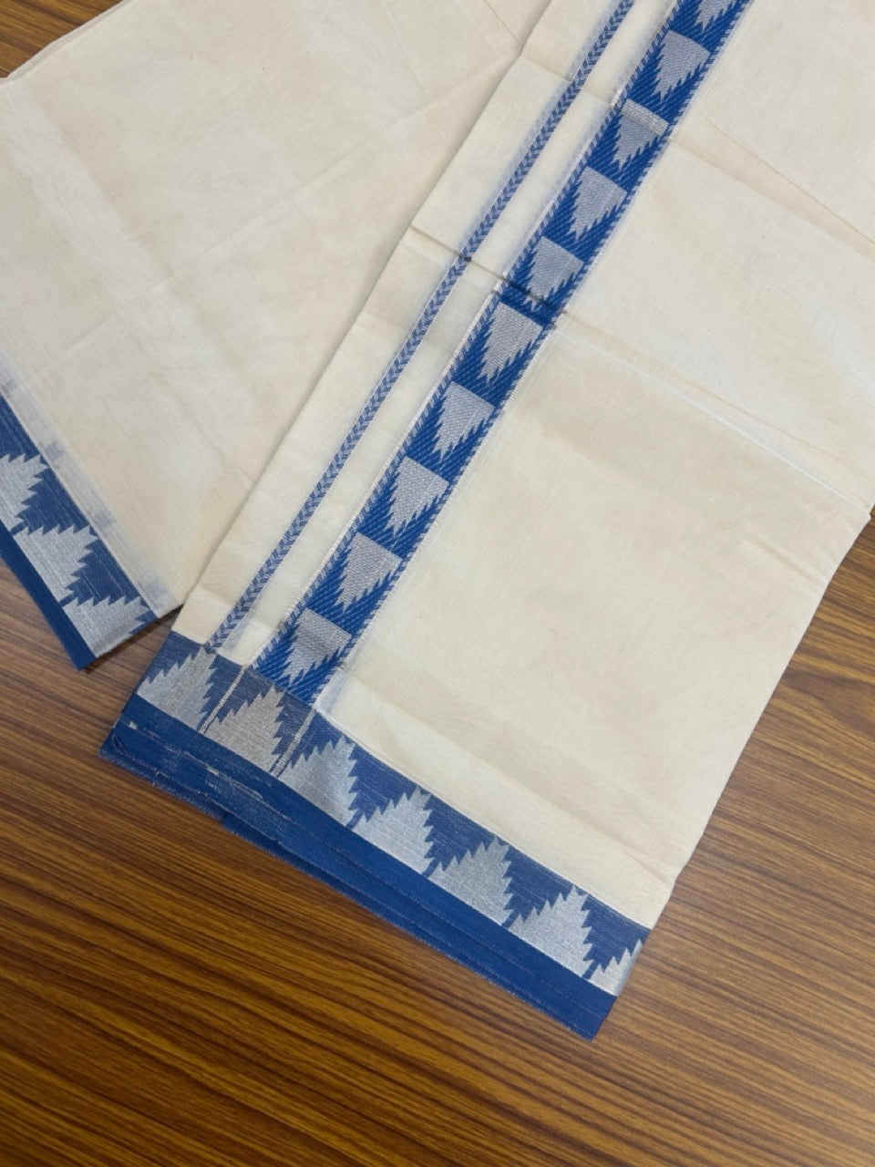 20% DISCOUNT ! KaithariKada Balaramapuram 100% Cotton Double off white (Unbleached) Mundu/Dhoti - 100X80 - 1.25 inch Silver kasavu & Blue Temple design kara - 4 KK5265 PMC