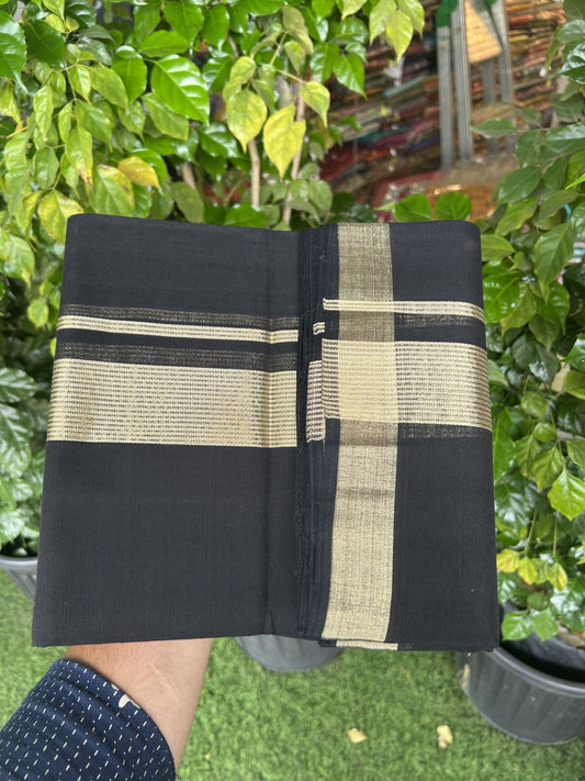 25% Discount! KaithariKada Handloom Unakkupaav - Kerala Handloom - Pure Cotton Double Mundu/Dhoti (Unbleached) - 100x80 - Black Colour Body - 2 inch Light Gold Kasavu Striped Kara - 4 mtr (8.5 Muzham) - 2 KK5342 ABH