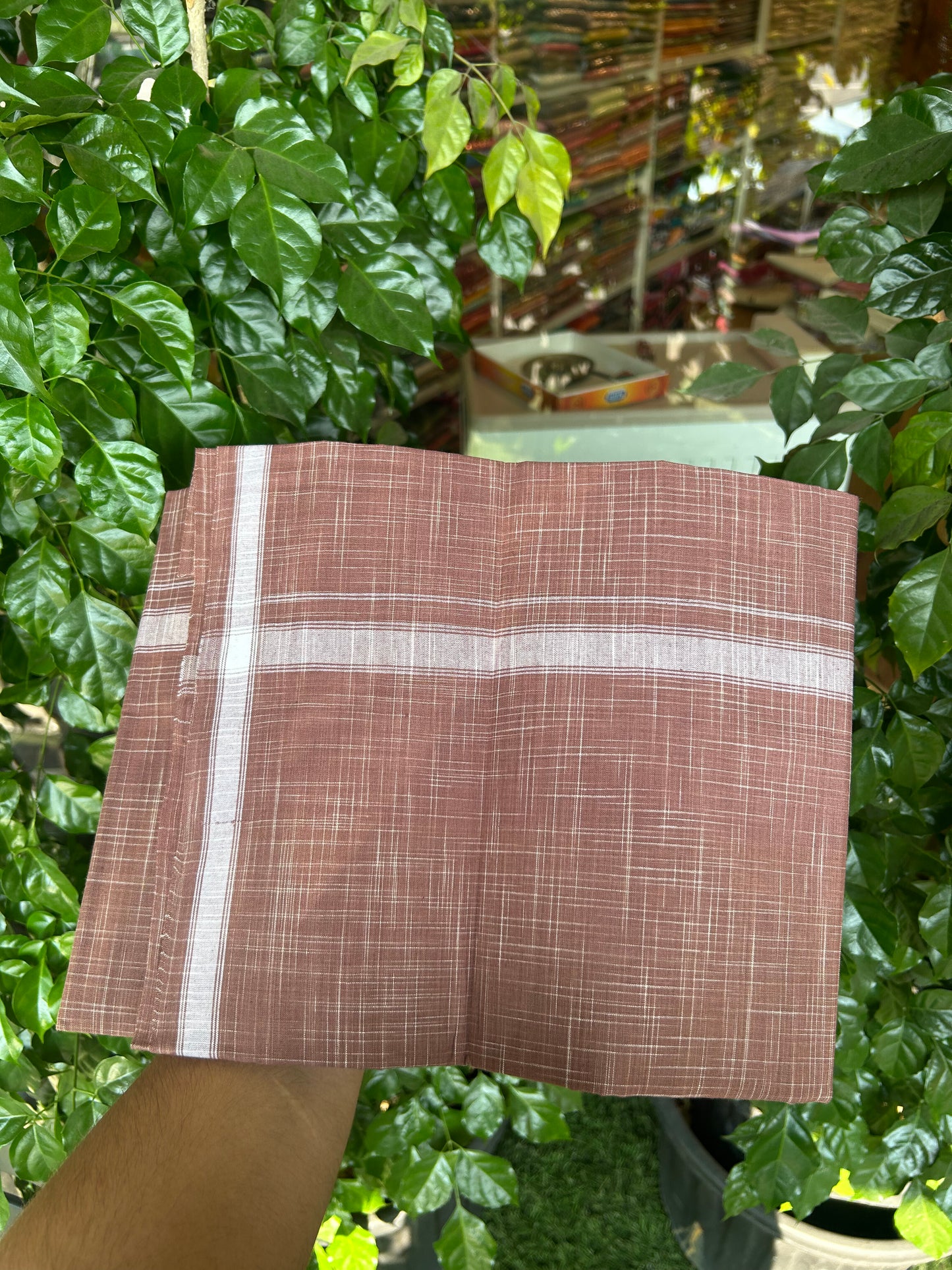 Premium Kathar Type Mund Pure cotton - Kaitharikada - Single Kaily / Lungi - 0.75 inch White Stripes kara Plain Border with Bole Brown & White Stripes colour body (2 meter / 4 muzham) -  42 KK8050 MUT