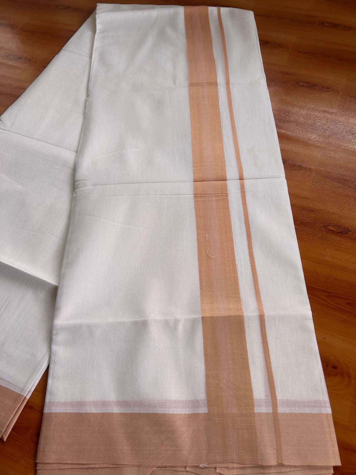Pure White Double Mundu/Dhoti - 20% Discount ! Kaitharikada Pure Cotton - 100x80 - 1.5 inch Light Orange striped Kara 3.80 mtr (8 muzham) - 69 KK5523 MC