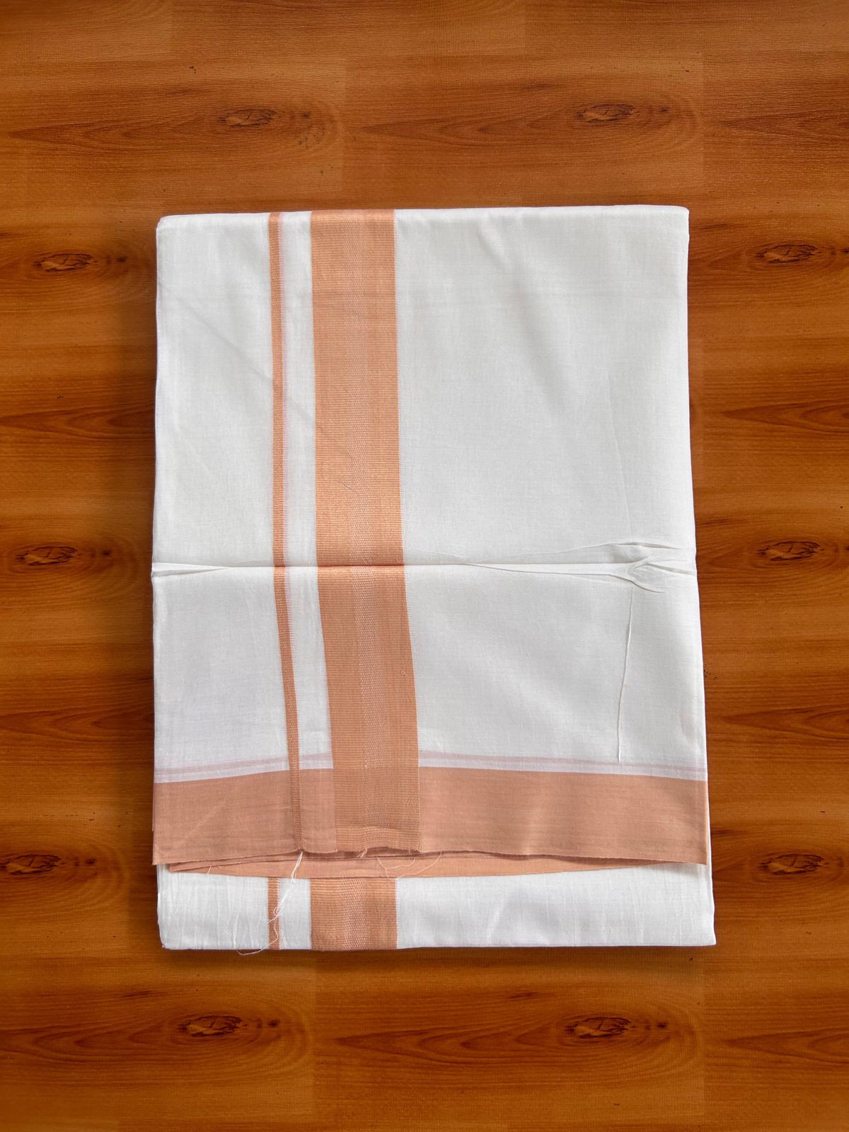 Pure White Double Mundu/Dhoti - 20% Discount ! Kaitharikada Pure Cotton - 100x80 - 1.5 inch Light Orange striped Kara 3.80 mtr (8 muzham) - 69 KK5523 MC