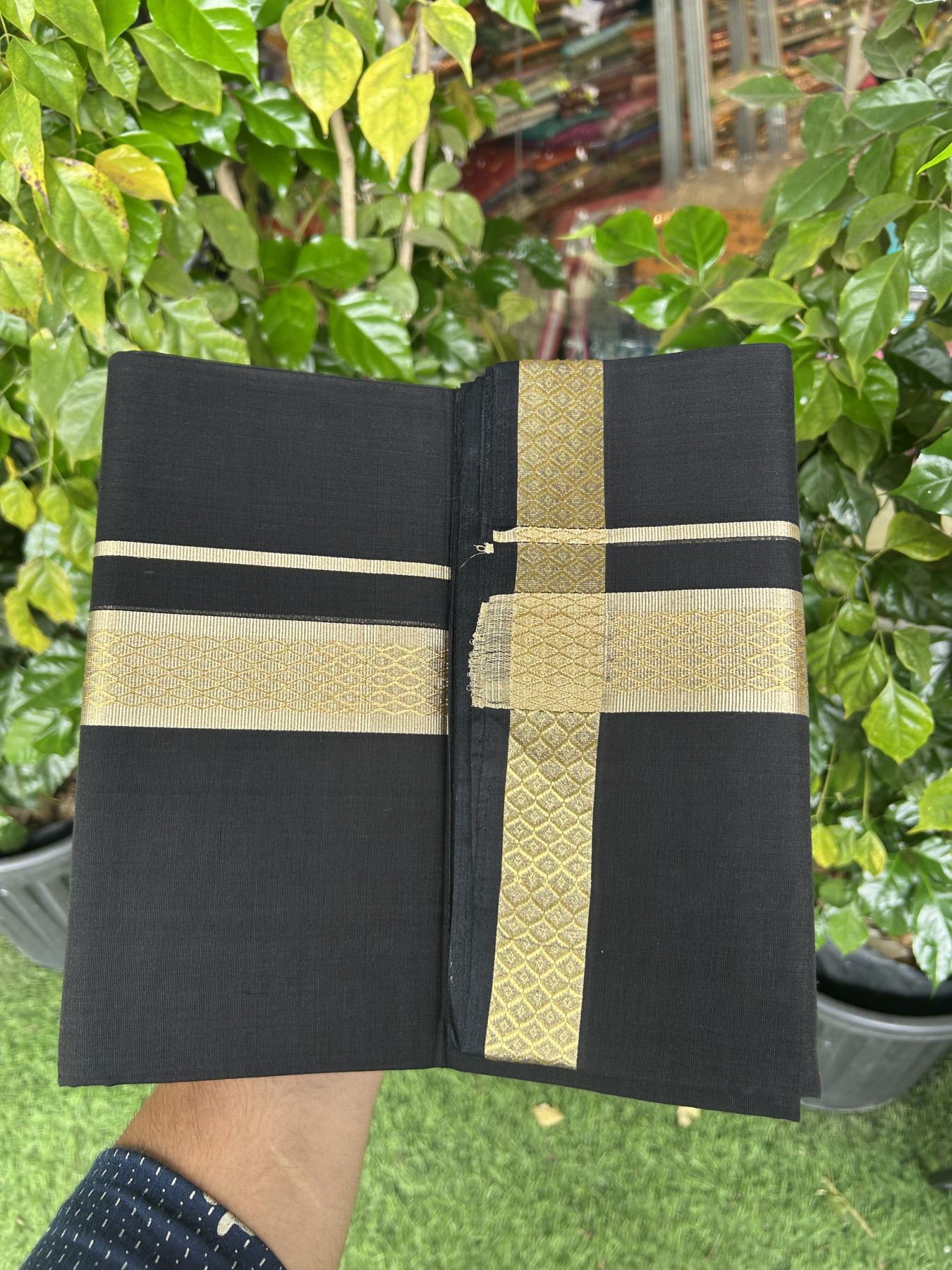 25% Discount! KaithariKada Handloom Unakkupaav - Kerala Handloom - Pure Cotton Double Mundu/Dhoti (Unbleached) - 100x80 - Black Colour Body - 1.5 inch Gold Kasavu Jacquard Design Kara - 4 mtr (8.5 Muzham) - 1 KK5342 ABH