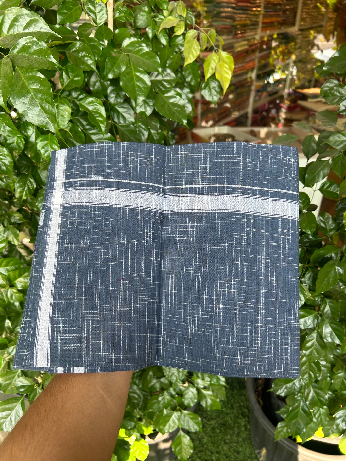 Premium Kathar Type Pure cotton - Kaitharikada - Single Kaily / Lungi - 0.75 inch White Stripes kara Plain Border with Denim Blue & White Stripes colour body (2 meter / 4 muzham) - 48 KK8050 MUT