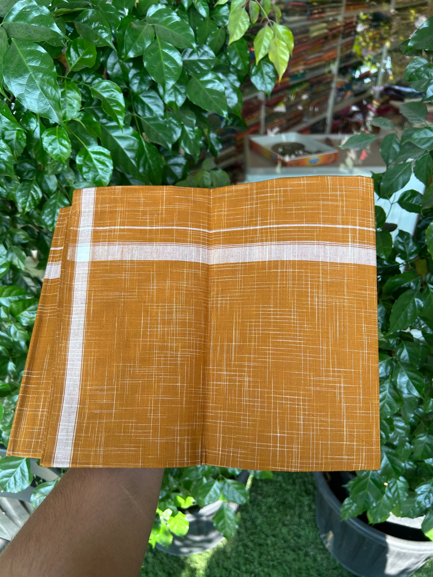 Premium Kathar Type Mund Pure cotton - Kaitharikada - Single Kaily / Lungi - 0.75 inch White Stripes kara Plain Border with Golden Orange  & White Stripes colour body (2 meter / 4 muzham) -  41 KK8050 MUT