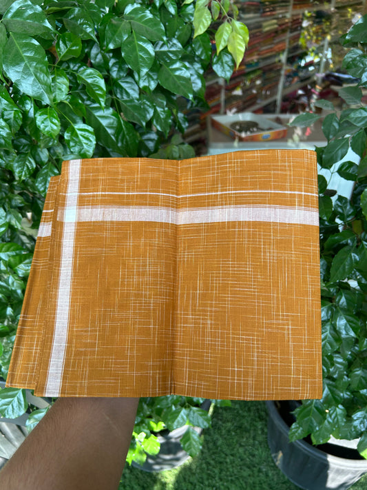 Premium Kathar Type Mund Pure cotton - Kaitharikada - Single Kaily / Lungi - 0.75 inch White Stripes kara Plain Border with Golden Orange  & White Stripes colour body (2 meter / 4 muzham) -  41 KK8050 MUT