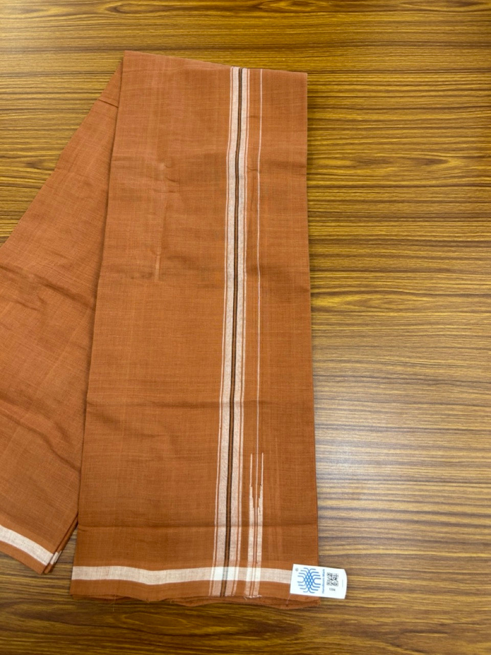 10% Discount !! KaithariKada 100% Pure Cotton - HANDLOOM Single Mundu/Dhoti  KAVI Brown COLOUR BODY & 1 inch White Puliyilakkara Black Striped Chutty Kara (2 meter / 4 muzham)- 6KK8020ELA