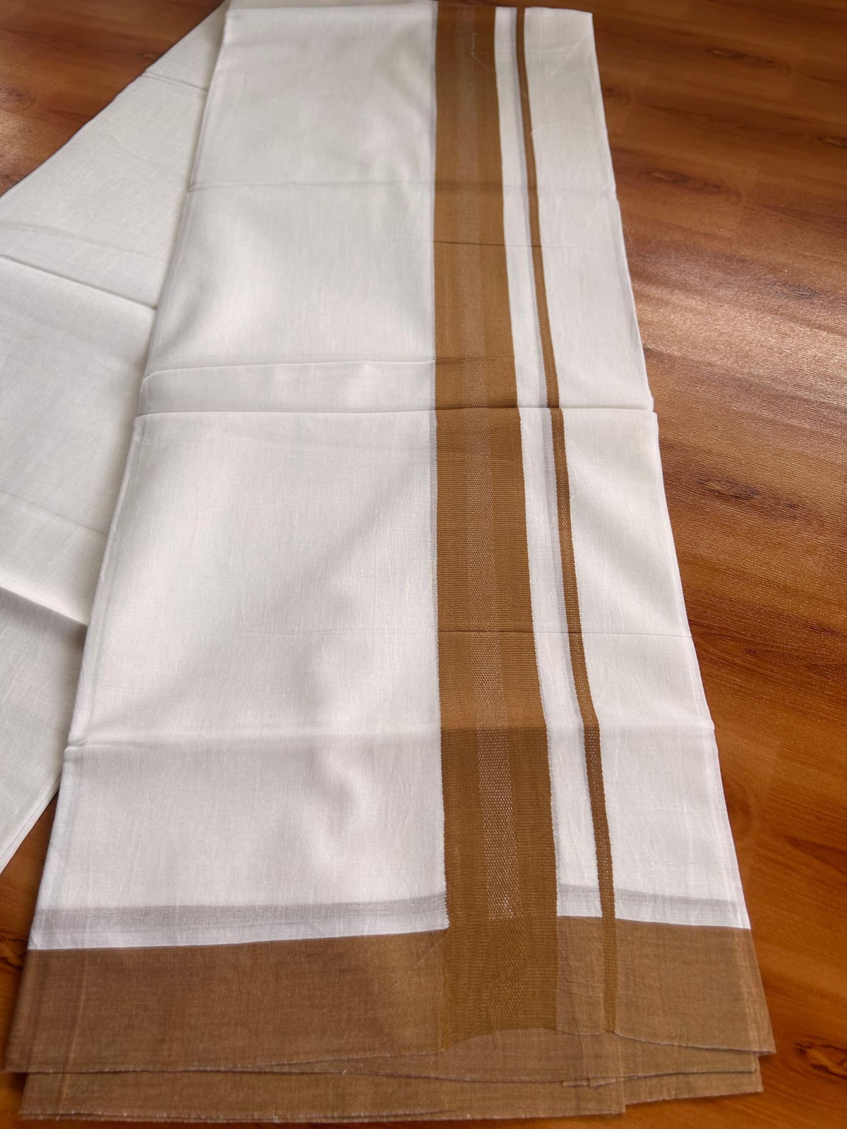 Pure White Double Mundu/Dhoti - 20% Discount ! Kaitharikada Pure Cotton - 100x80 - 1.5 inch Brown striped Kara 3.80 mtr (8 muzham) - 70 KK5523 MC