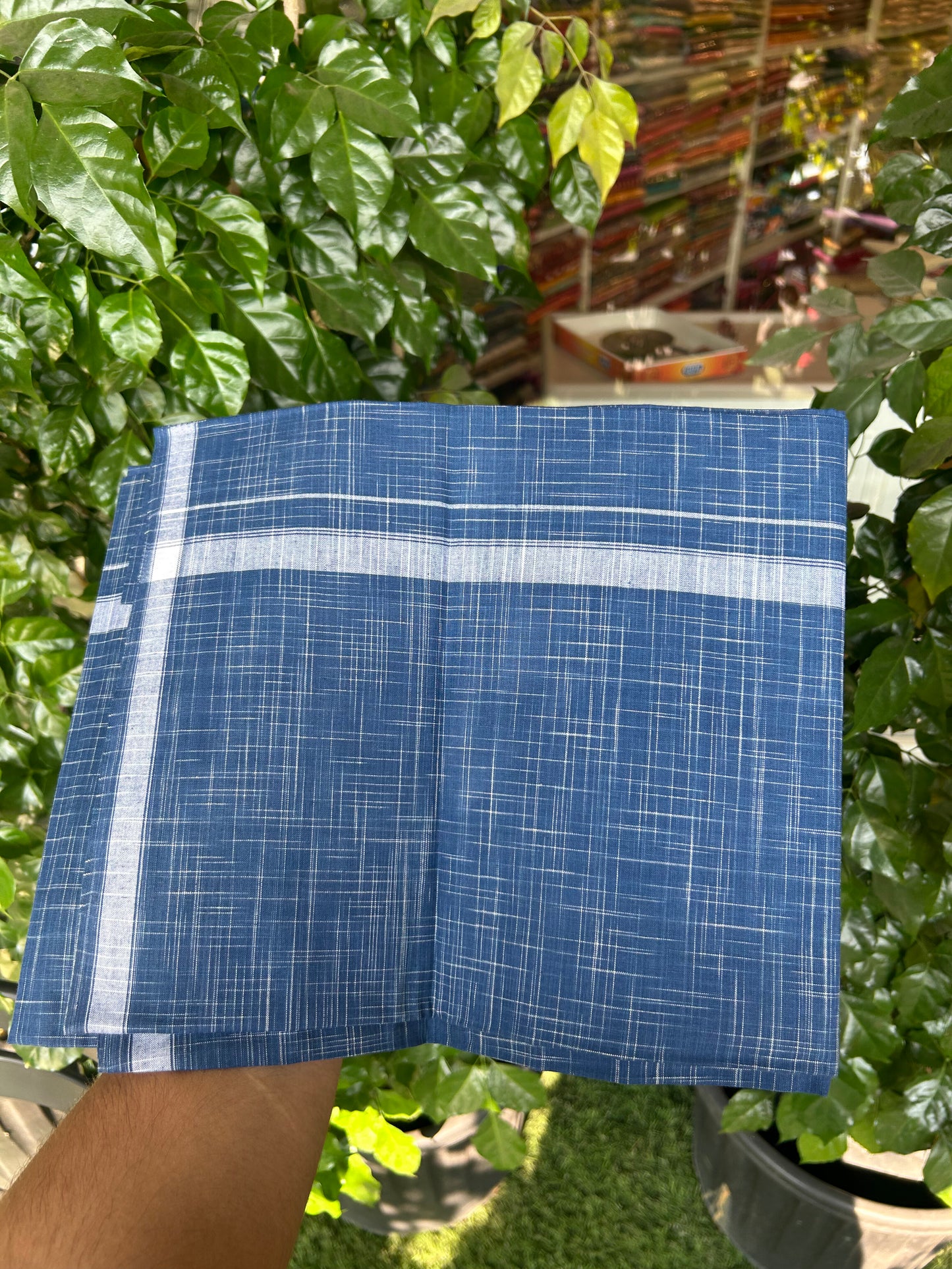 Premium Kathar Type Pure cotton - Kaitharikada - Single Kaily / Lungi - 0.75 inch White Stripes kara Plain Border with Blue & White Stripes colour body (2 meter / 4 muzham) - 47 KK8050 MUT