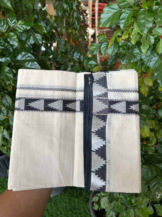 20% DISCOUNT ! KaithariKada Balaramapuram 100% Cotton Double off white (Unbleached) Mundu/Dhoti - 100X80 - 1.25 inch Silver kasavu & Black Temple design kara - 3 KK5265 PMC