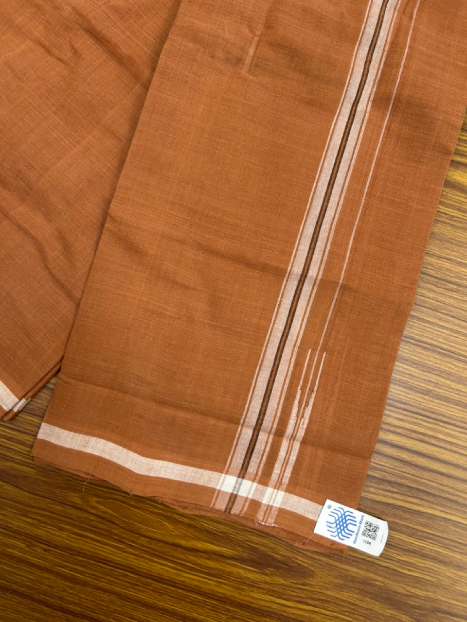 10% Discount !! KaithariKada 100% Pure Cotton - HANDLOOM Single Mundu/Dhoti  KAVI Brown COLOUR BODY & 1 inch White Puliyilakkara Black Striped Chutty Kara (2 meter / 4 muzham)- 6KK8020ELA