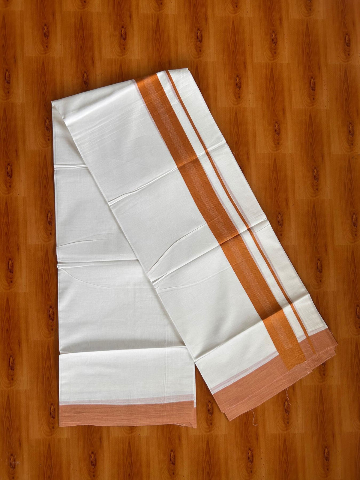 Pure White Double Mundu/Dhoti - 20% Discount ! Kaitharikada Pure Cotton - 100x80 - 1.5 inch Brownish orange striped Kara 3.80 mtr (8 muzham) - 71 KK5523 MC