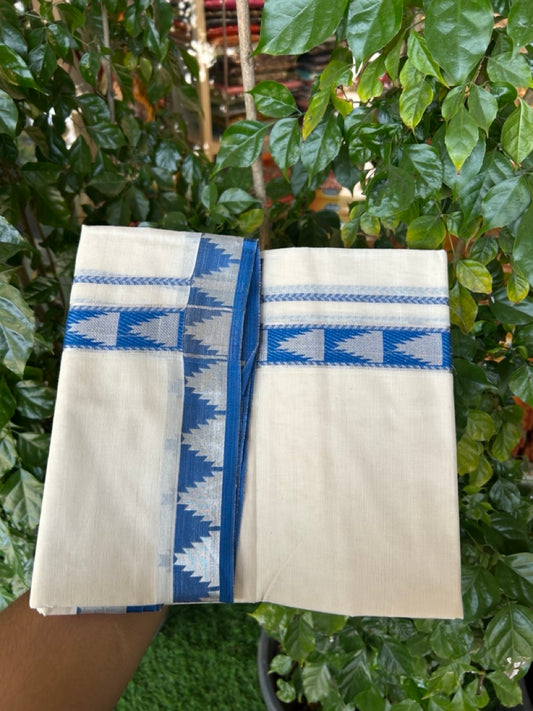 20% DISCOUNT ! KaithariKada Balaramapuram 100% Cotton Double off white (Unbleached) Mundu/Dhoti - 100X80 - 1.25 inch Silver kasavu & Blue Temple design kara - 4 KK5265 PMC