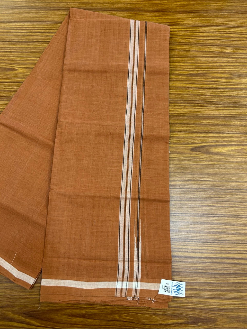 10% Discount !! KaithariKada 100% Pure Cotton - HANDLOOM Single Mundu/Dhoti  KAVI Brown COLOUR BODY & 0.75 inch White Puliyilakkara Black Striped Chutty Kara (2 meter / 4 muzham)- 7KK8020ELA