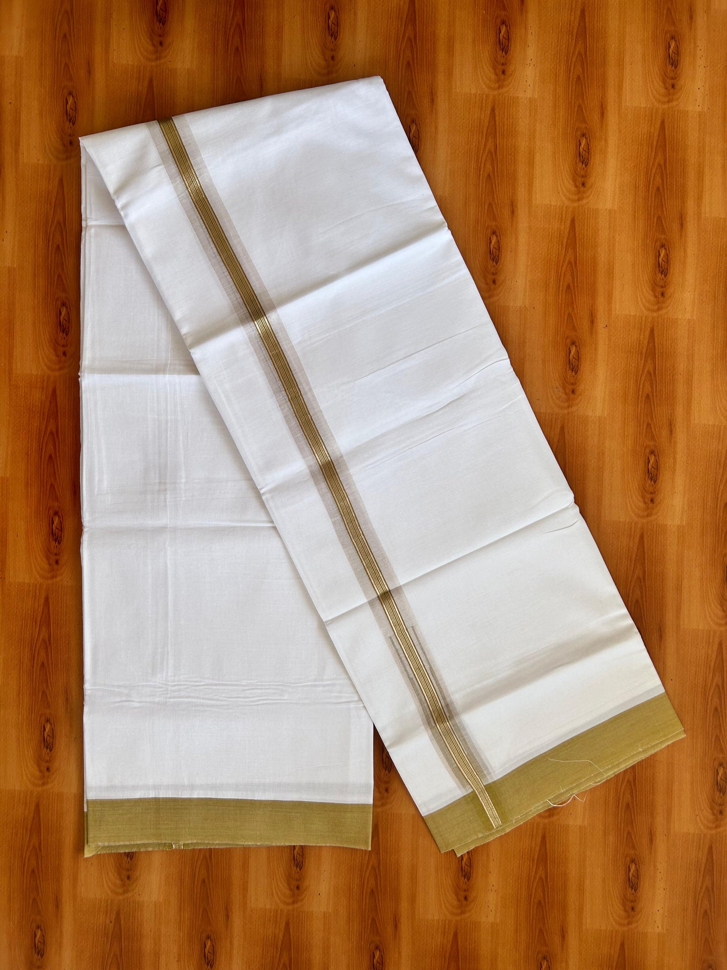 Double Pure White Mundu/Dhoti - 20% Discount !! KaithariKada Balaramapuram 100% Cotton - 100x80 - 1 inch Mustard Green Silver Kasav Stripes Chutty Kara 3.90 mtr (8.5 muzham) - 10 KK5490 VAS