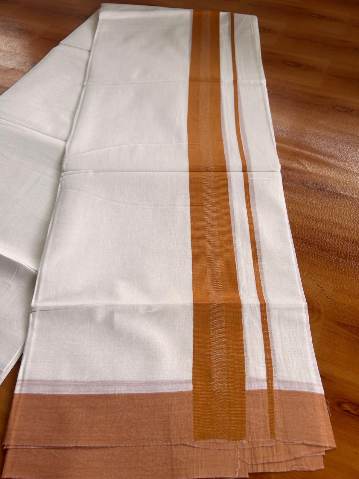 Pure White Double Mundu/Dhoti - 20% Discount ! Kaitharikada Pure Cotton - 100x80 - 1.5 inch Brownish orange striped Kara 3.80 mtr (8 muzham) - 71 KK5523 MC