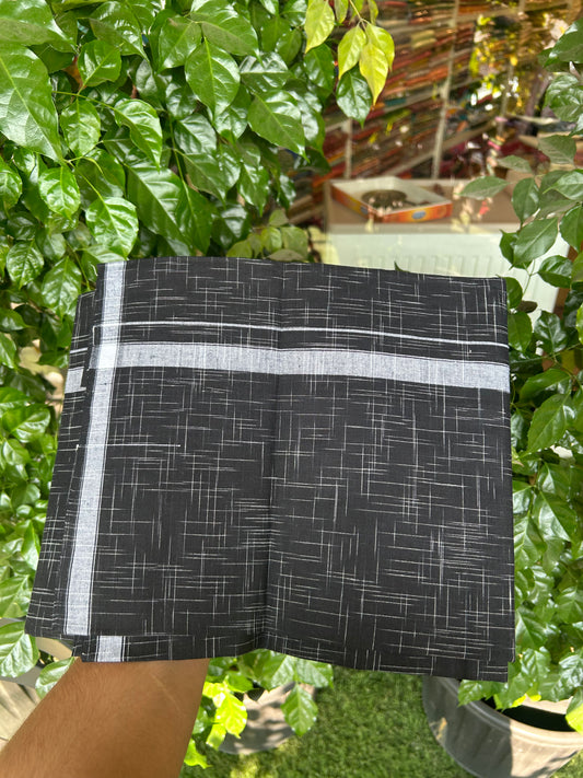 Premium Kathar Type Mund Pure cotton - Kaitharikada - Single Kaily / Lungi - 0.75 inch White Stripes kara Plain Border with Black & White Stripes colour body (2 meter / 4 muzham) -  39 KK8050 MUT