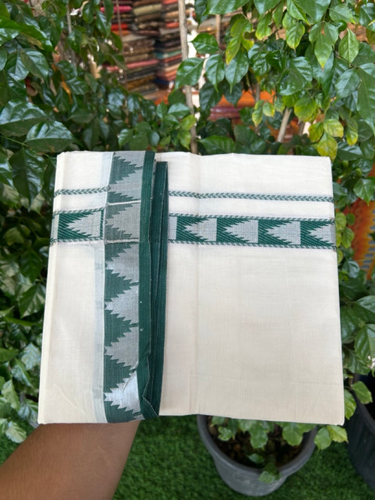 20% DISCOUNT ! KaithariKada Balaramapuram 100% Cotton Double off white  (Unbleached) Mundu/Dhoti - 100X80 - 1.25 inch Silver kasavu & Green Temple design kara - 2 KK5265 PMC